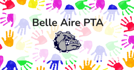 Belle Aire PTA logo with colorful handprints in the background