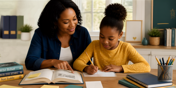 a mom helping her daughter write a book report