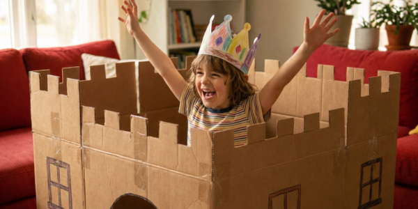 child playing in a DIY cardboard creation