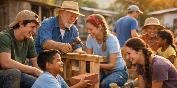 kids and adults working to beautify a community during a mission trip