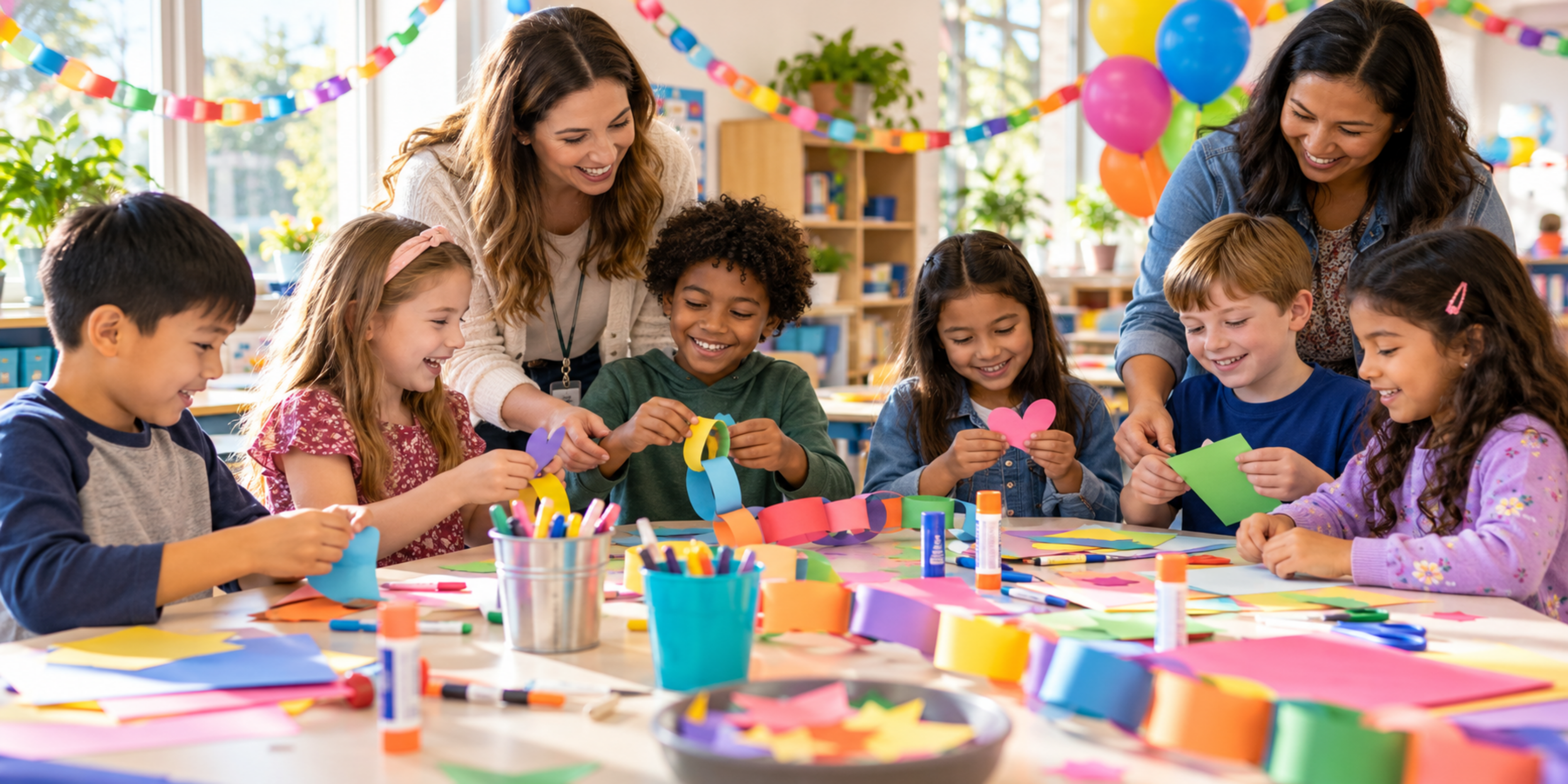Room parents and students celebrating at a class party with decorations and snacks