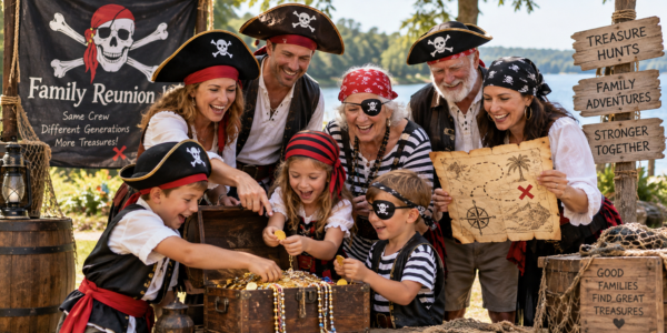 A family dressed like pirates at a themed family reunion gathering
