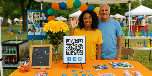A teen girl waving as she stands behind her bright festival booth