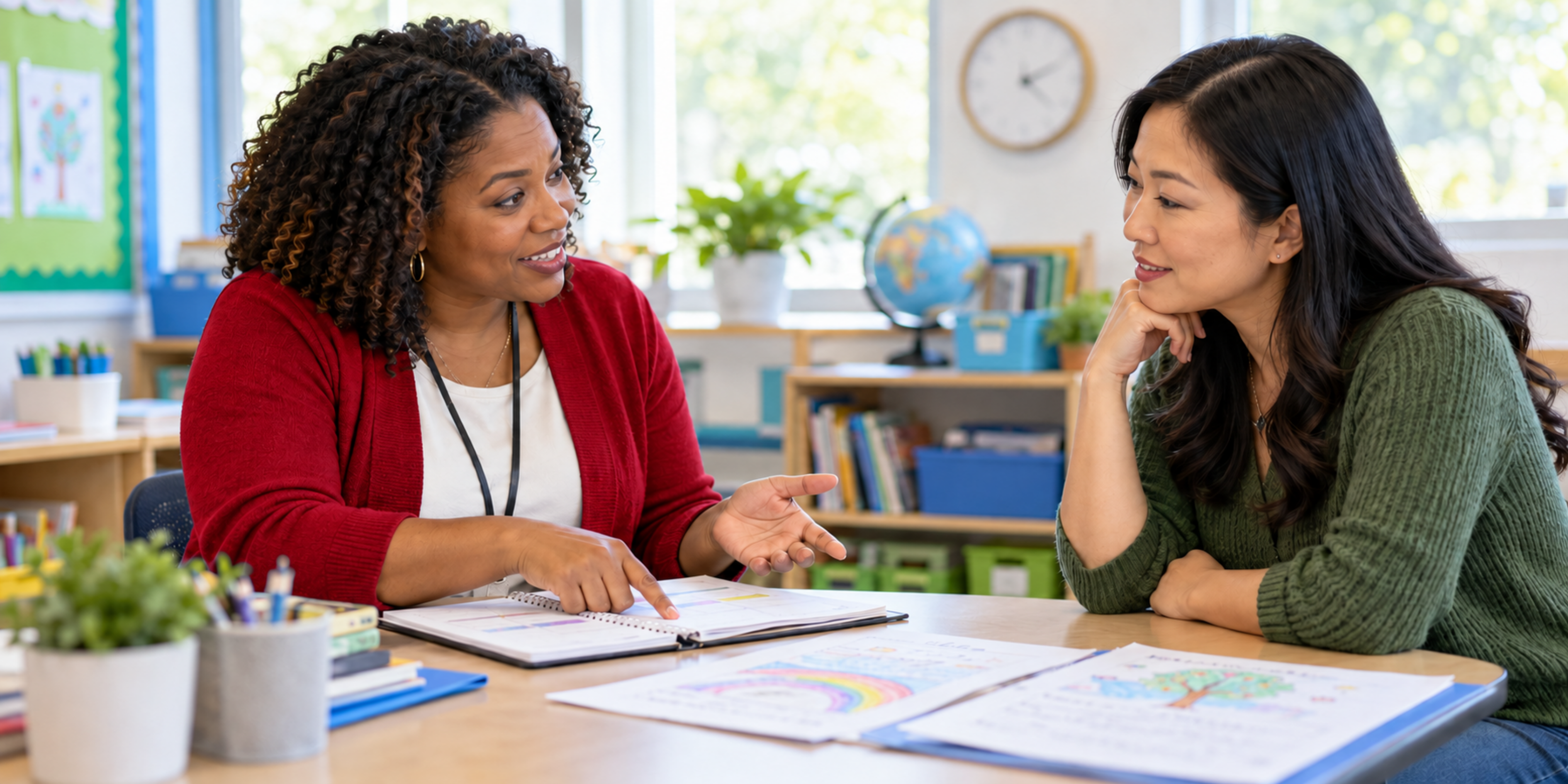 A female teacher talk to a student's mom at a parent teacher meeting
