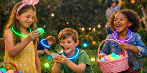 kids hunting Easter eggs and doing an Easter scavenger hunt