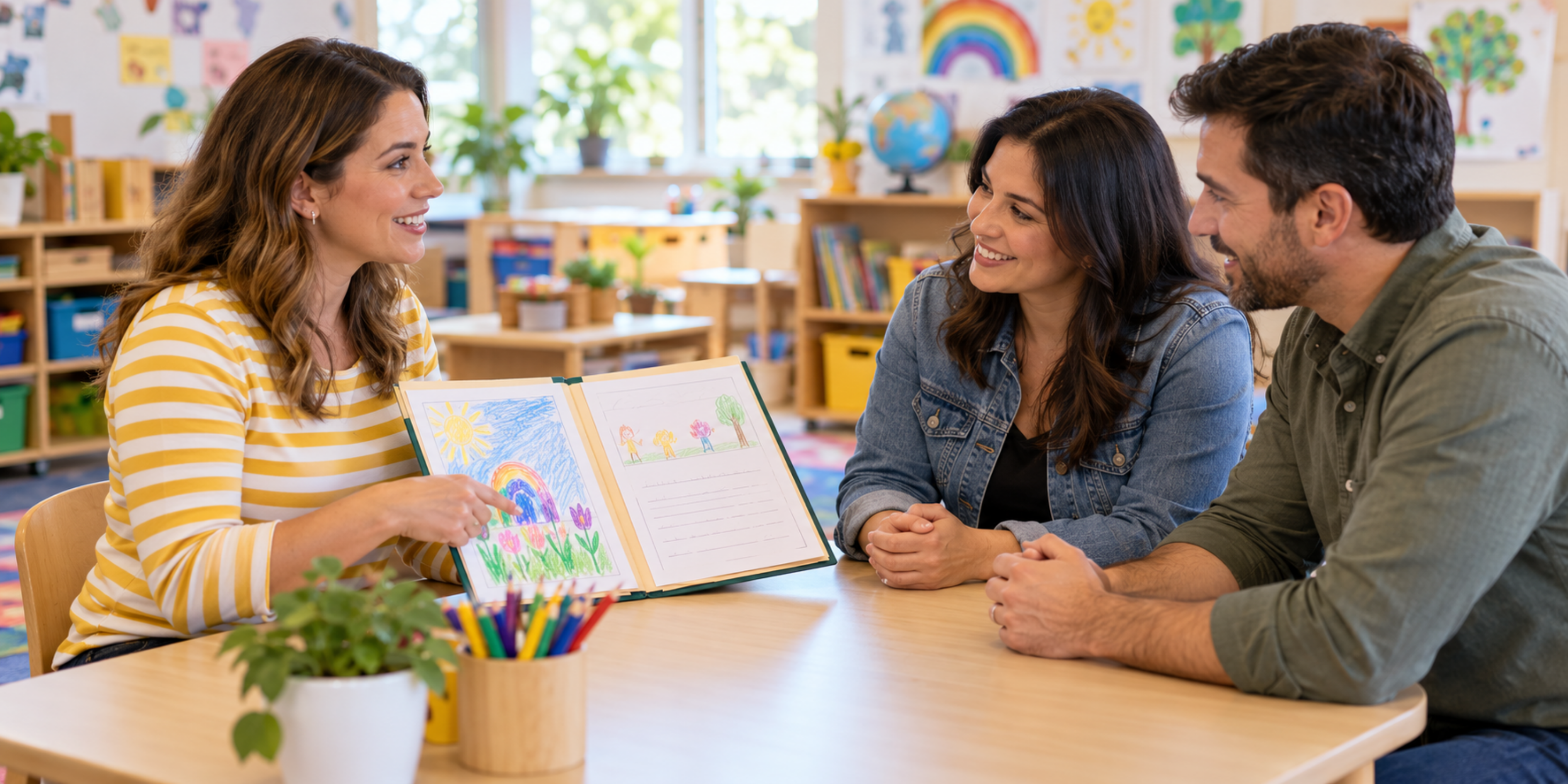 a female kindergarten teacher meets with a student's mom and dad at a parent teacher conference