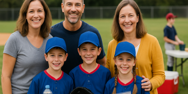 3 happy team parents with 3 little league baseball players