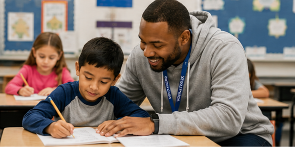 a WATCH D.O.G.S. dad helping a student with school work in the classroom