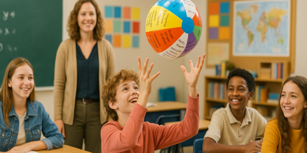 middle schoolers in classroom playing the Ball of Questions icebreaker game