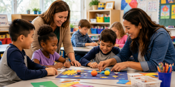 Classroom volunteers helping with a class project