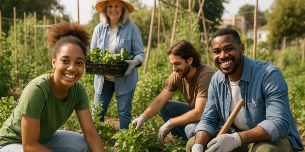 Four adults of varying ages working in a community garden together