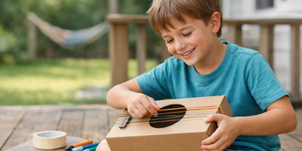 a boy aged 7-8 sitting on his back porch and making a DIY guitar