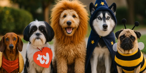 5 dogs dressed in Halloween costumes