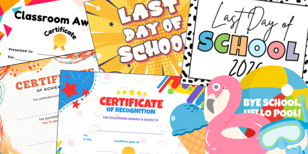 new last-day-of-school printable activities, certificates, photo props, and more