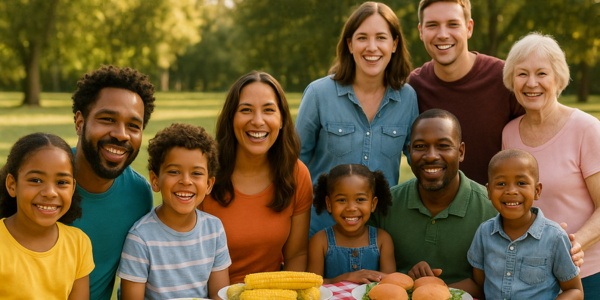 Blended Family sitting at a picnic table during a family reunion