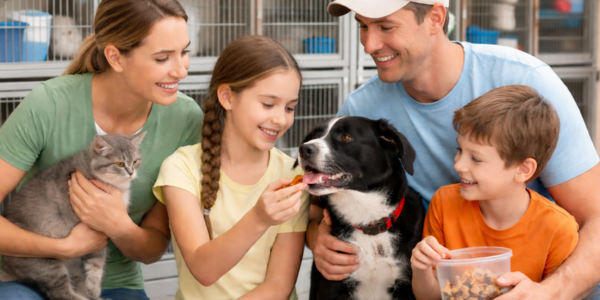 a family volunteering at an animal shelter on National Family Volunteer Day