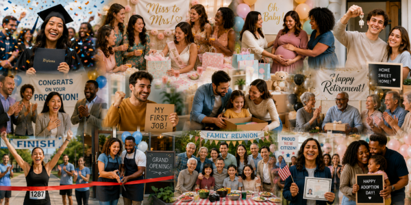 compilation of photos representing milestone celebrations you can organize with SignUp.com