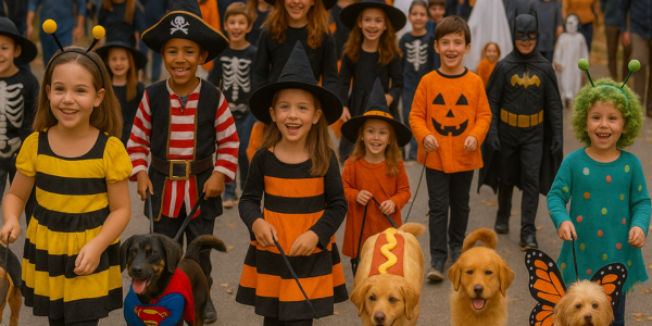 kids and dogs in a neighborhood Halloween parade