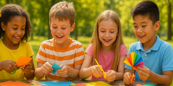 four kids sitting at a table outside making paper crafts together