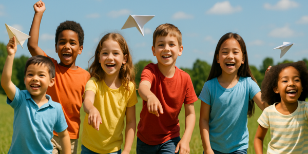 a group of kids outside playing with paper airplanes
