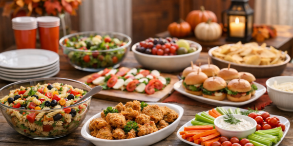 table filled with potluck foods in a room decorated for fall