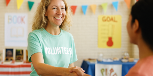 elementary school teacher giving a female student a summer fun kit