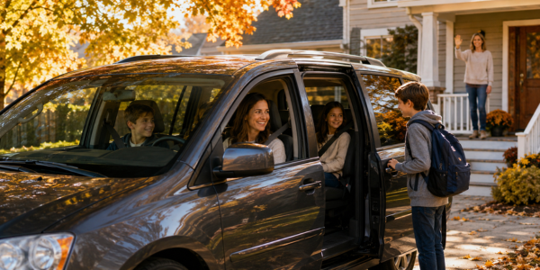 A mom and two kids picking up another kid for a school carpool