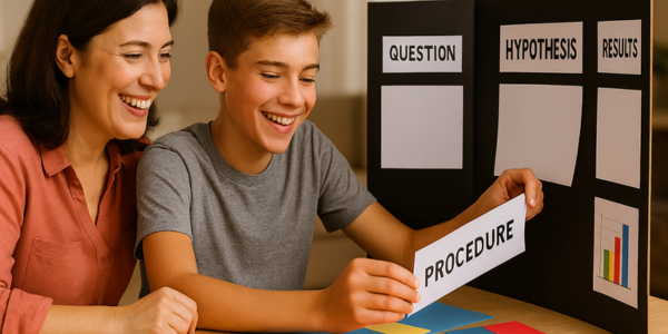 a mom and middle school boy putting together a science fair project board