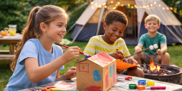 3 kids doing non-screen activities in the backyard during summer