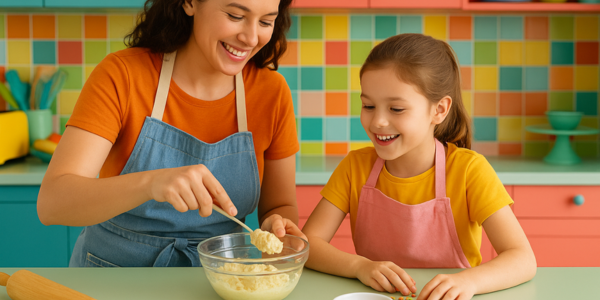 mom and daughter in kitchen making a treat