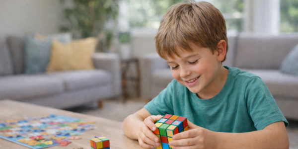 an elementary-aged boy playing brain games during summer break