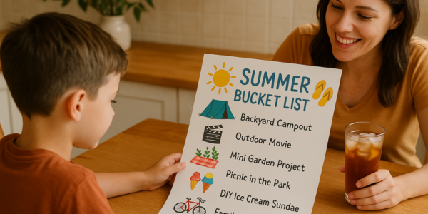 mom and sun making a summer bucket list at the kitchen table