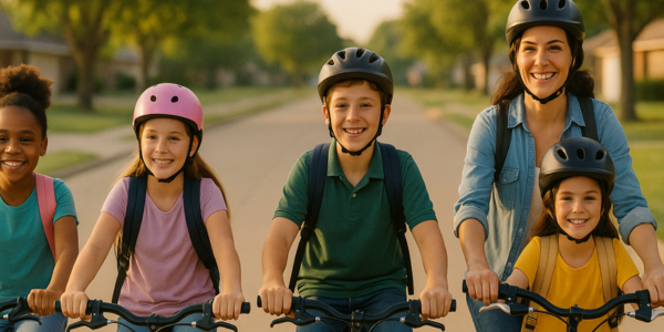 group of kids and a parent biking home after school