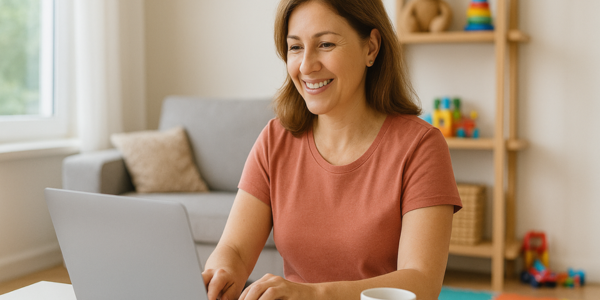 happy mom on her computer using SignUp to organize school events