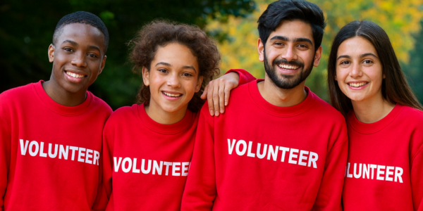 4 teens in red volunteer sweatshirts