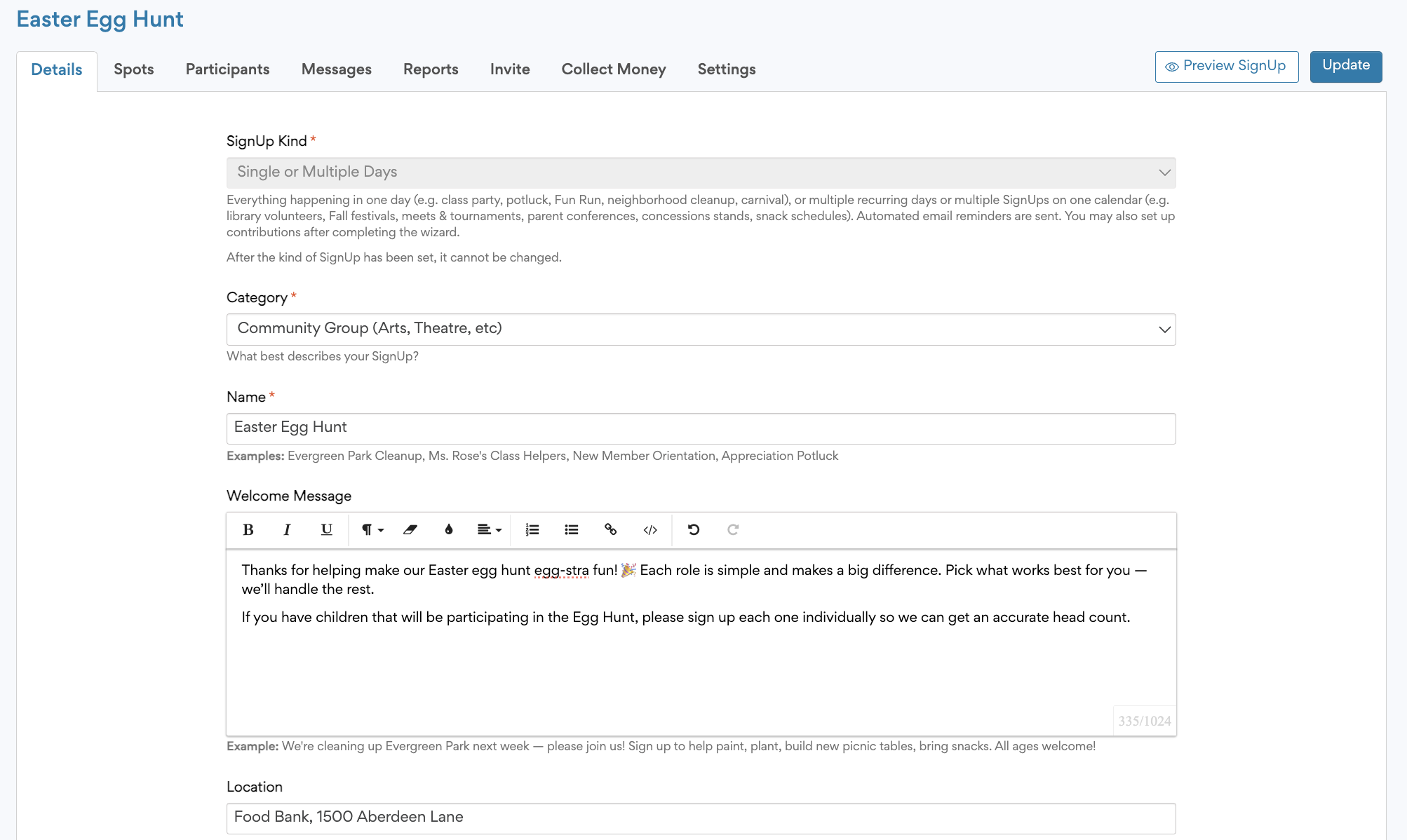 screenshot of SignUp Details tab on Easter Egg Hunt SignUp