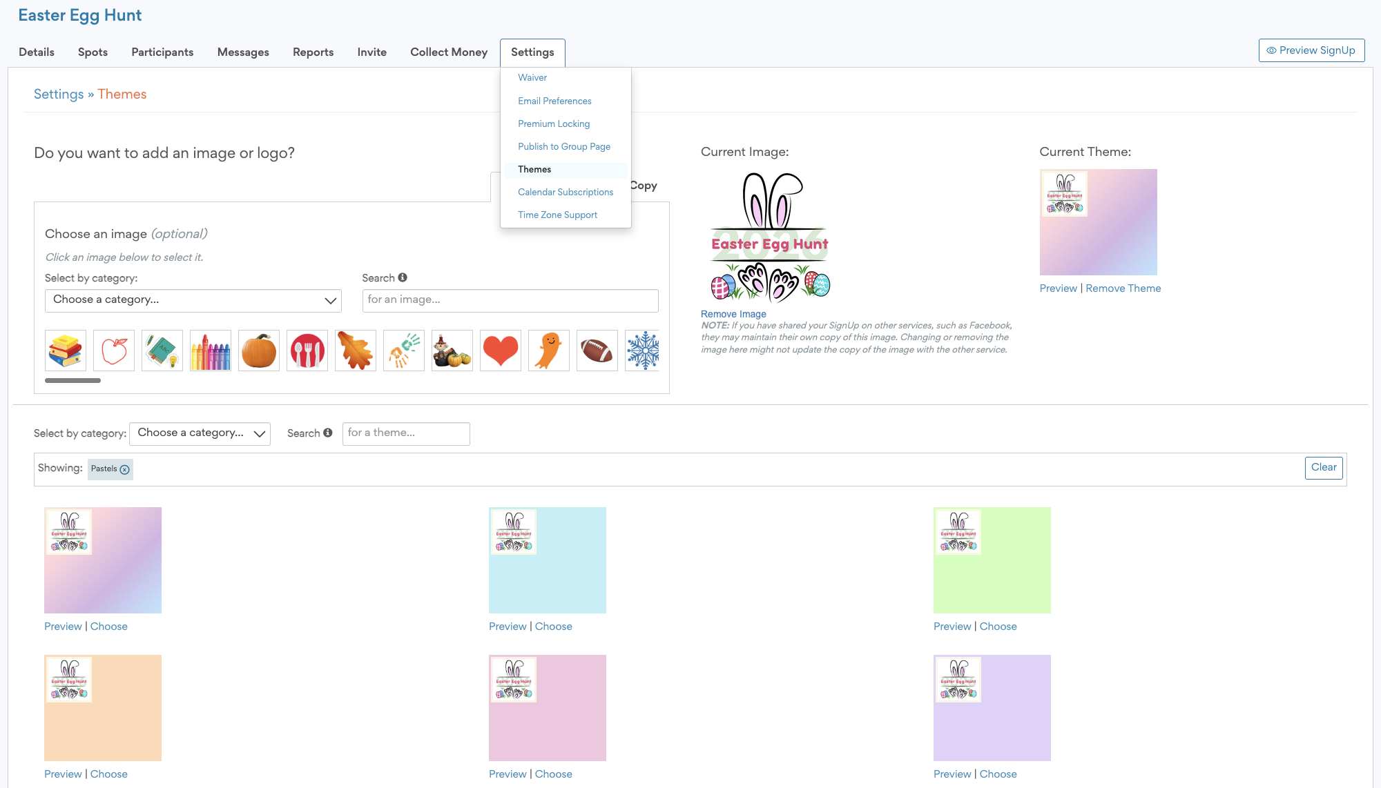 screenshot of SignUp Themes page filtered for pastels