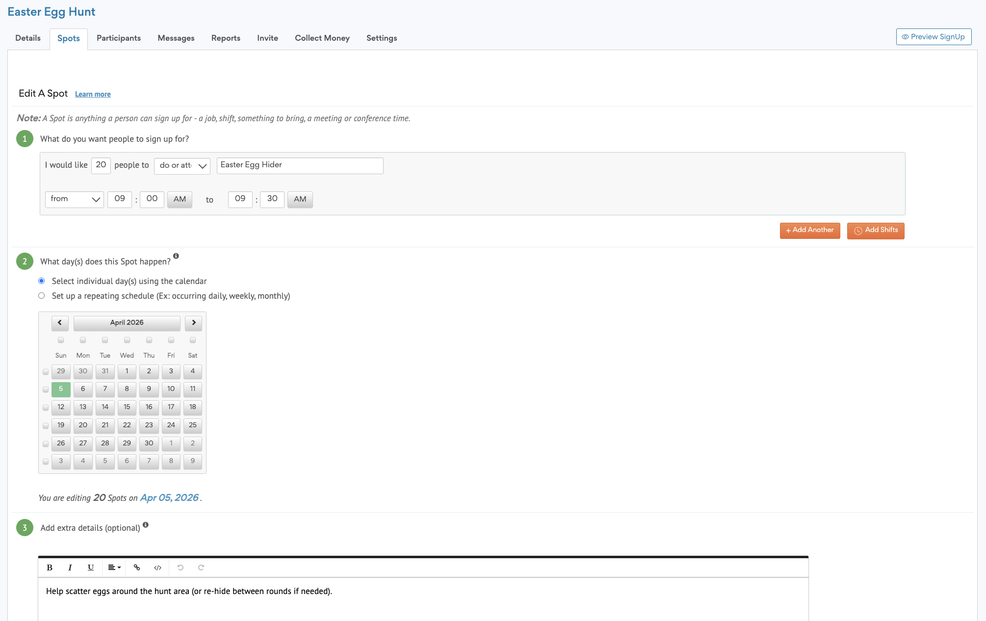 screenshot of SignUp Spots tab on Easter Egg Hunt SignUp