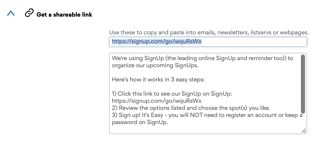 SignUp Invite Tab screenshot: get a shareable SignUp link