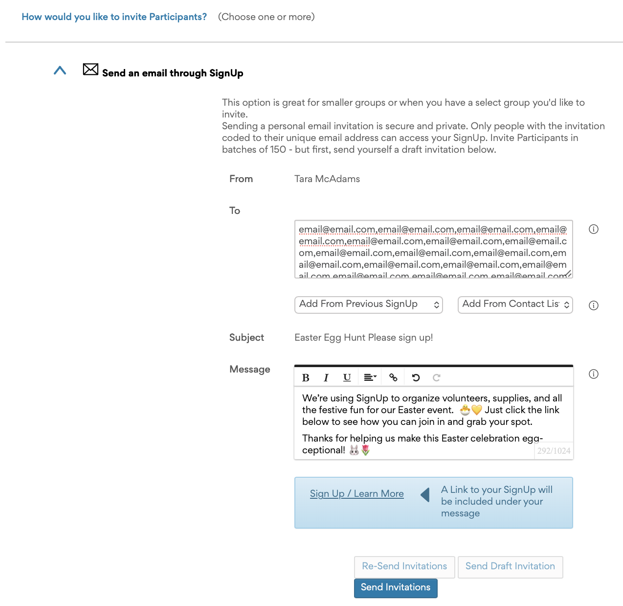 SignUp Invite Tab screenshot: send message via SignUp