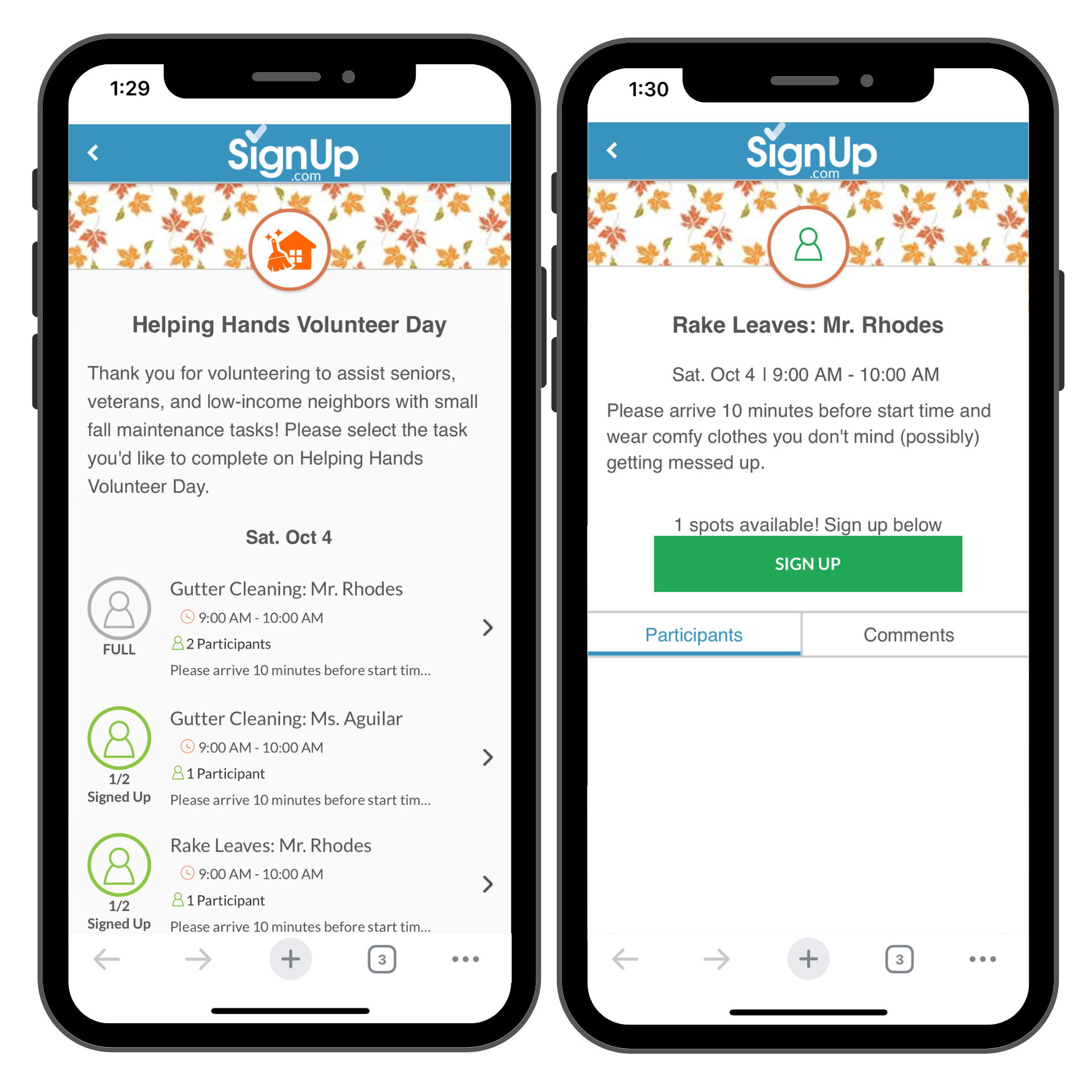 Fall Craft Night SignUp on mobile phones