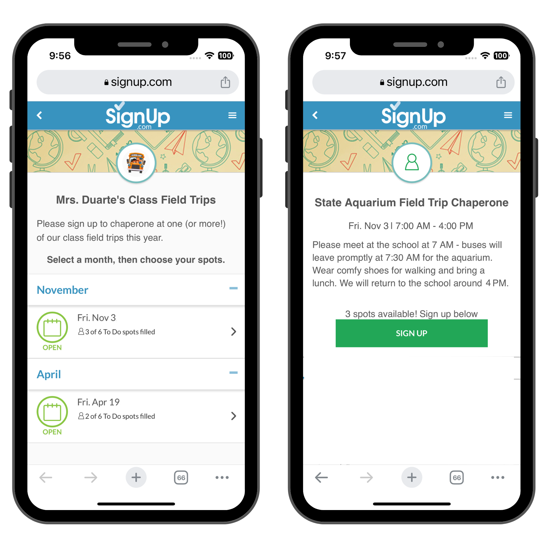 field trip sign up sheet on mobile phones
