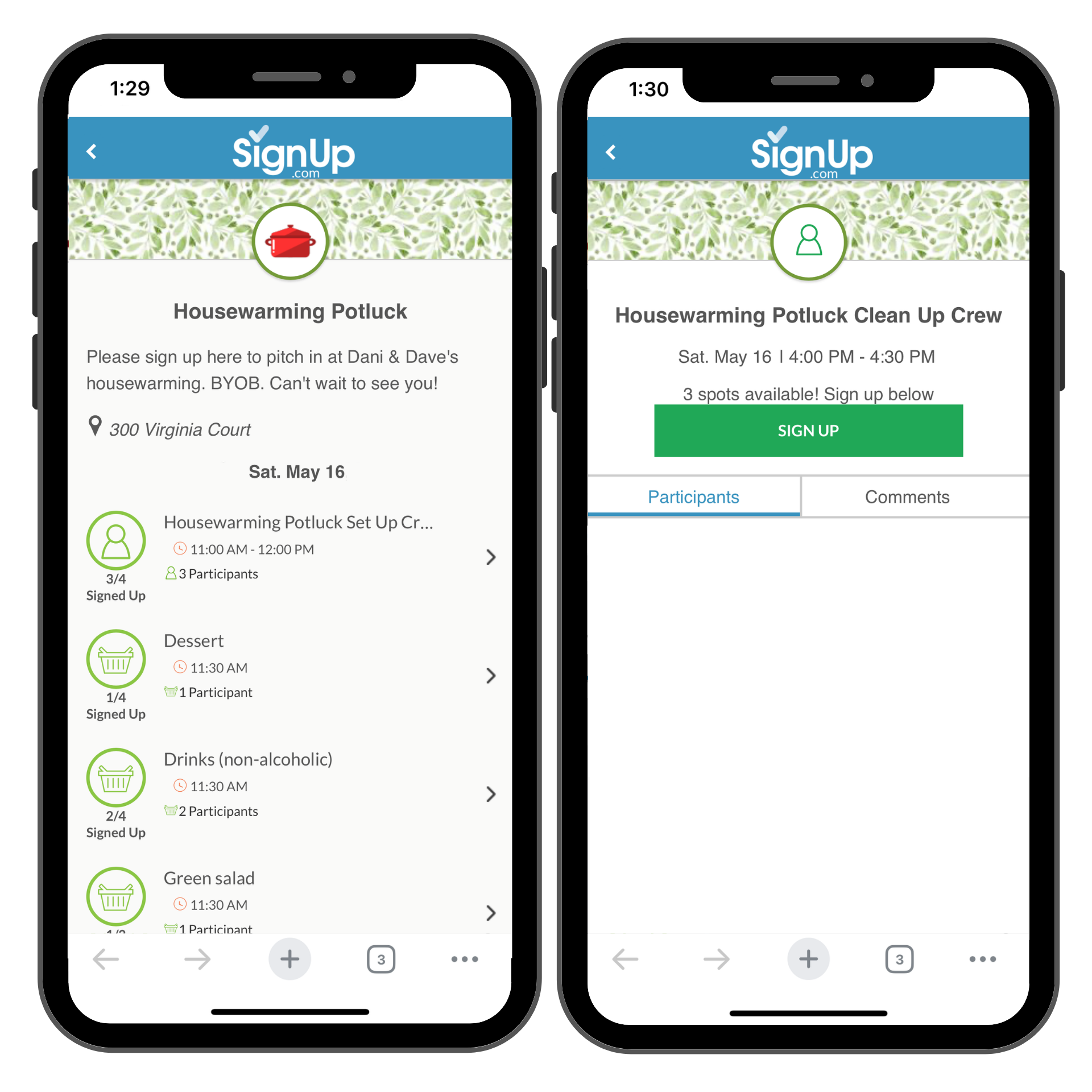 housewarming potluck SignUp on mobile phones