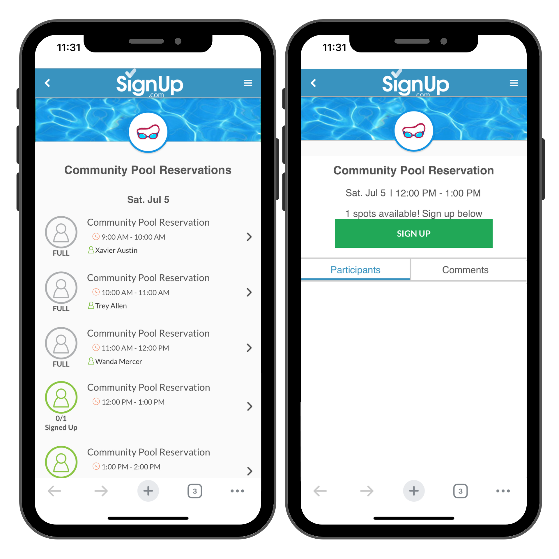 community pool reservations SignUp on cellphones