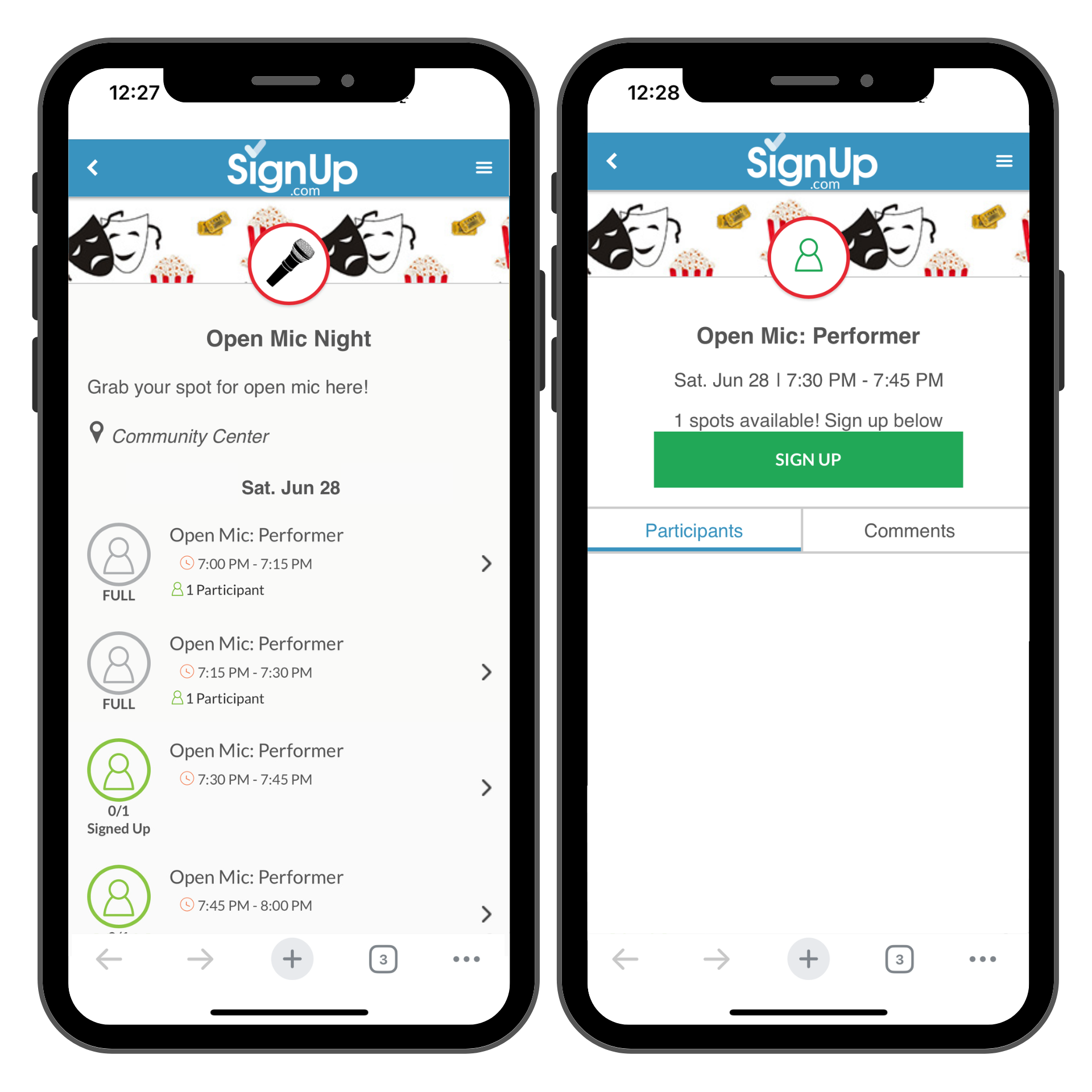 open mic night SignUp on cellphones