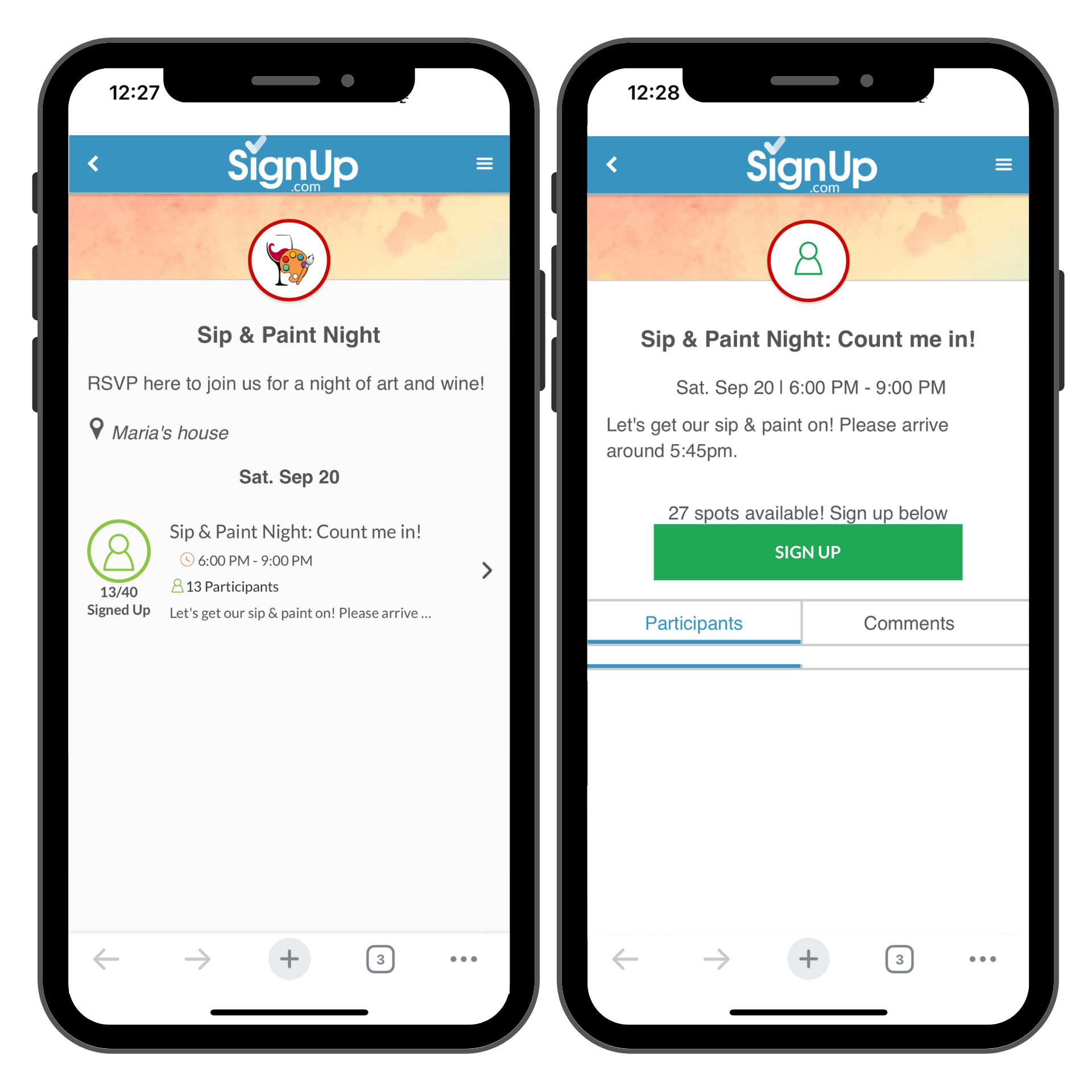 sip and paint SignUp on mobile