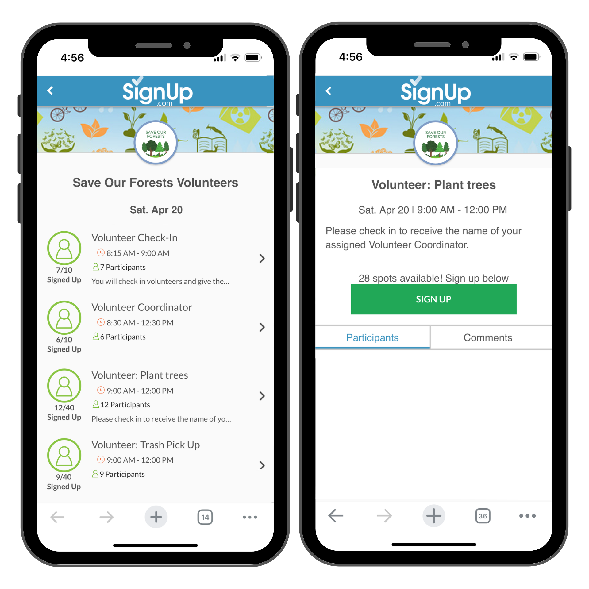 Free nonprofit volunteer scheduling on SignUp mobile app