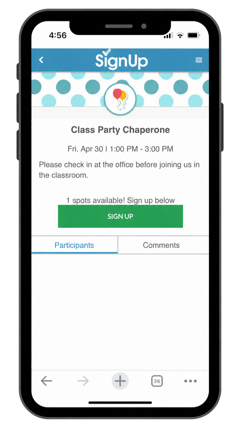 Free class party volunteer sign-up on mobile with SignUp