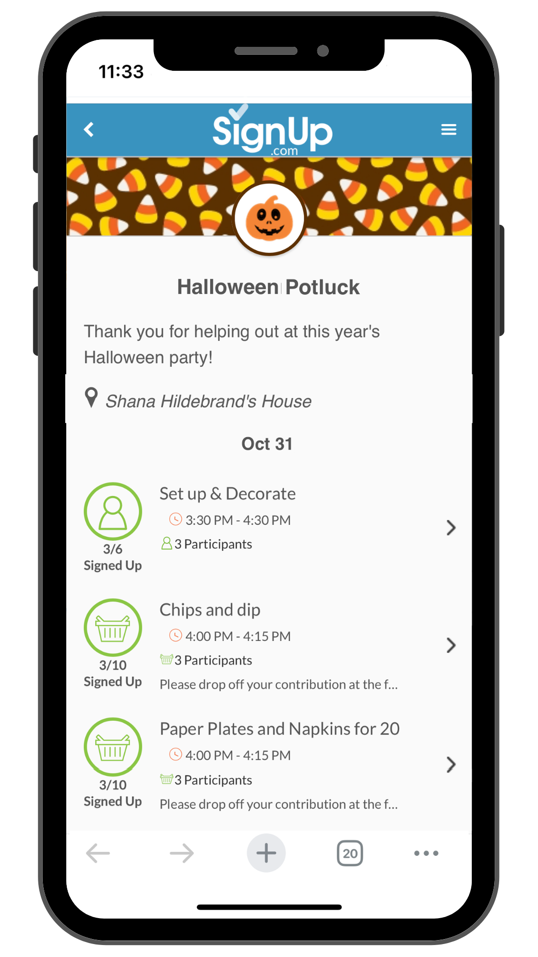 Halloween Potluck SignUp on mobile phone
