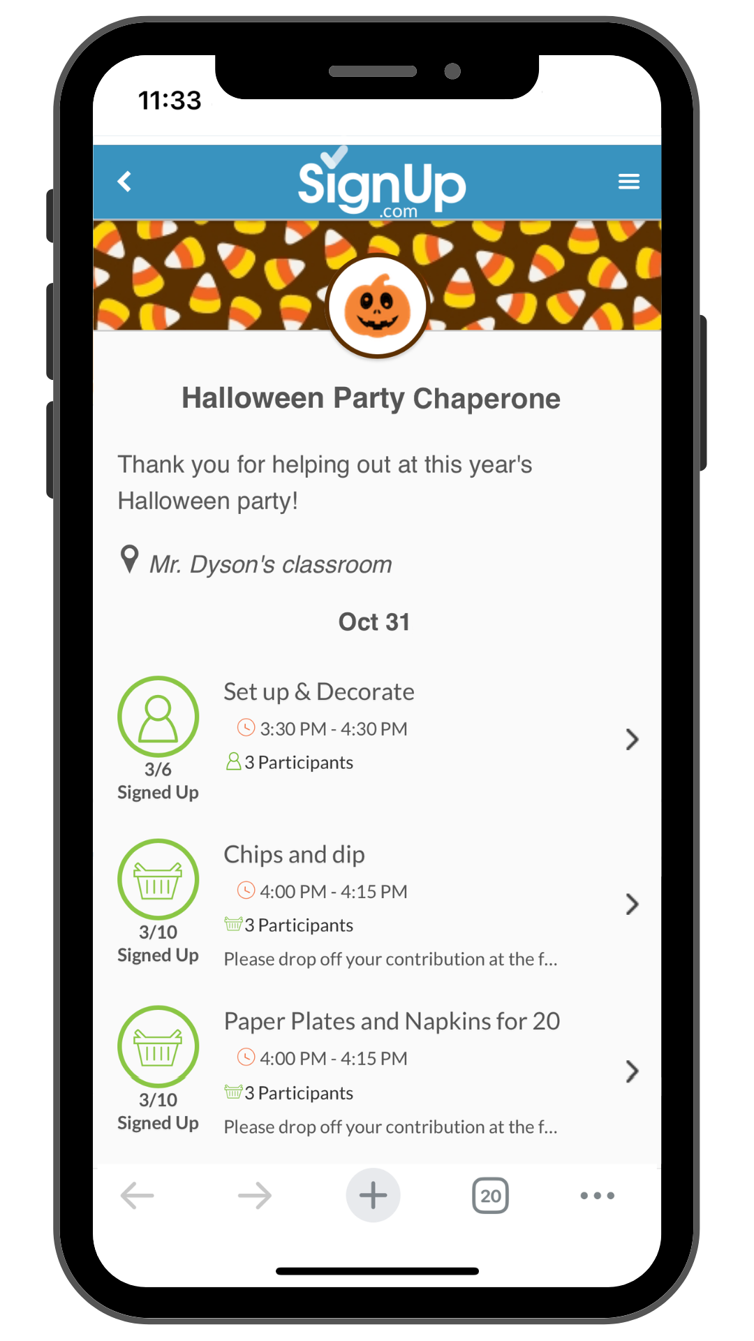 Halloween classroom party SignUp on a mobile phone - party chaperone signup